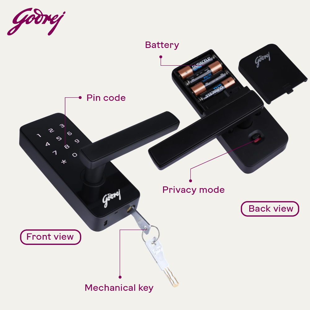 Godrej Smart Lock I Catus Touch I Digital Lock for Main and Internal Wooden Door I 2 in 1 Access I Pin Access I Mechanical Key I Black Finish I 3 Years Warranty | Free Installation